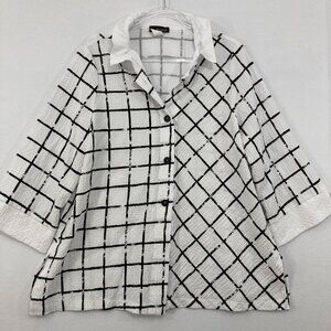 Moonlight Large Black White Plaid Relaxed 3/4 Sleeve Lagenlook Button Up